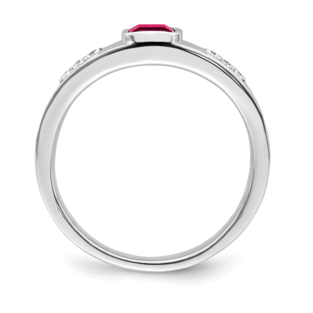 14k White Gold Created Ruby and Diamond Mens Ring