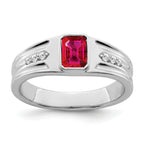 14k White Gold Created Ruby and Diamond Mens Ring