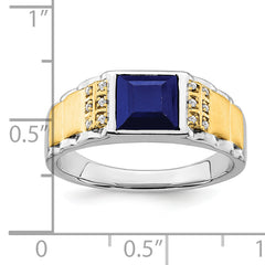 14k Two-tone Created Sapphire and Diamond Mens Ring