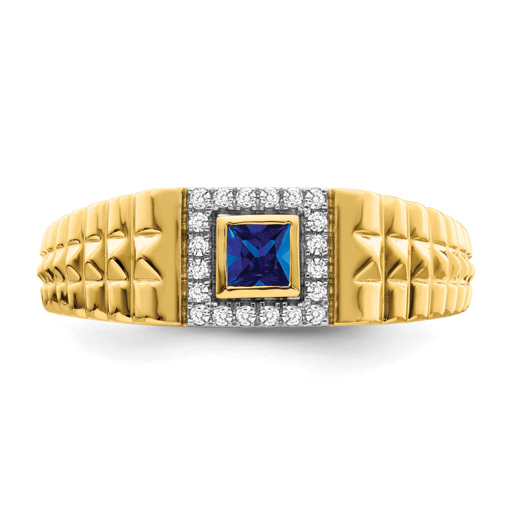 14k Square Sapphire and Diamond Mens Ring