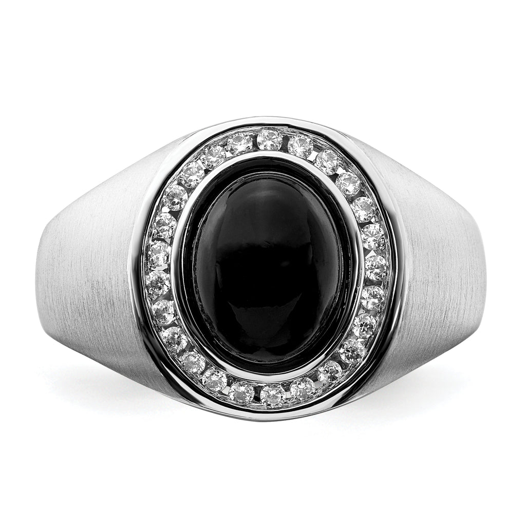 14k White Gold Oval Onyx and Diamond Mens Ring