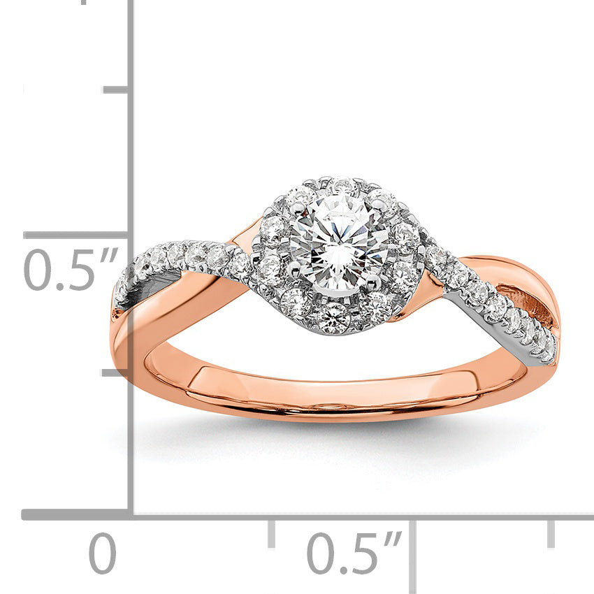 14k Two-tone Rose and White Gold 5/8 carat Lab Grown Diamond VS/SI+ G+ Round Complete Fancy Halo Engagement Ring