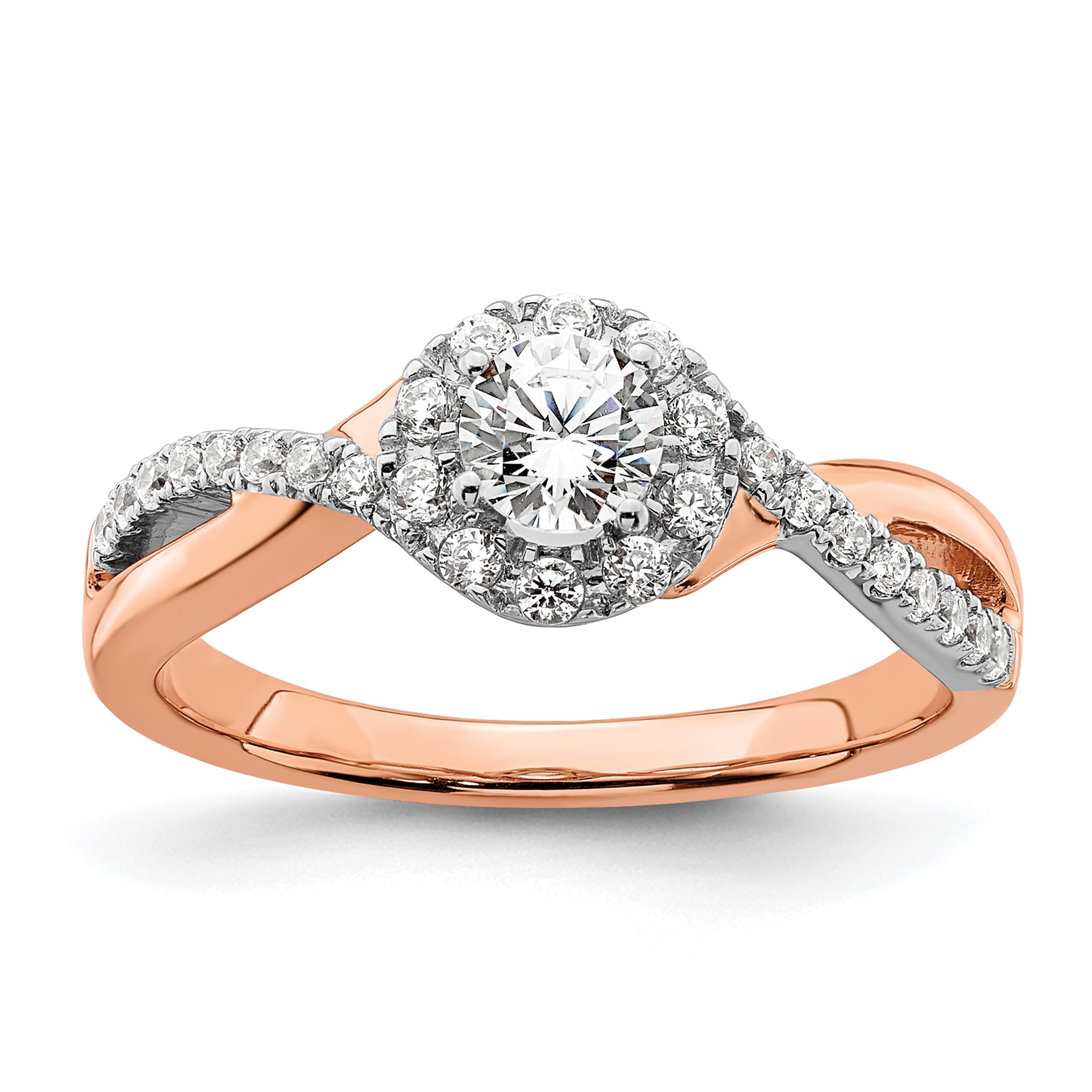 14k Two-tone Rose and White Gold 5/8 carat Lab Grown Diamond VS/SI+ G+ Round Complete Fancy Halo Engagement Ring Main image