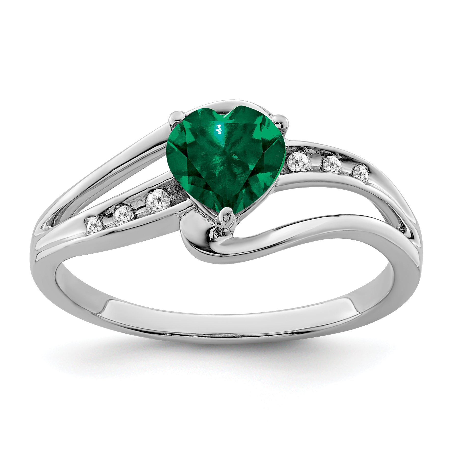 Sterling Silver Rhodium-plated Created Emerald and Diamond Ring Main image