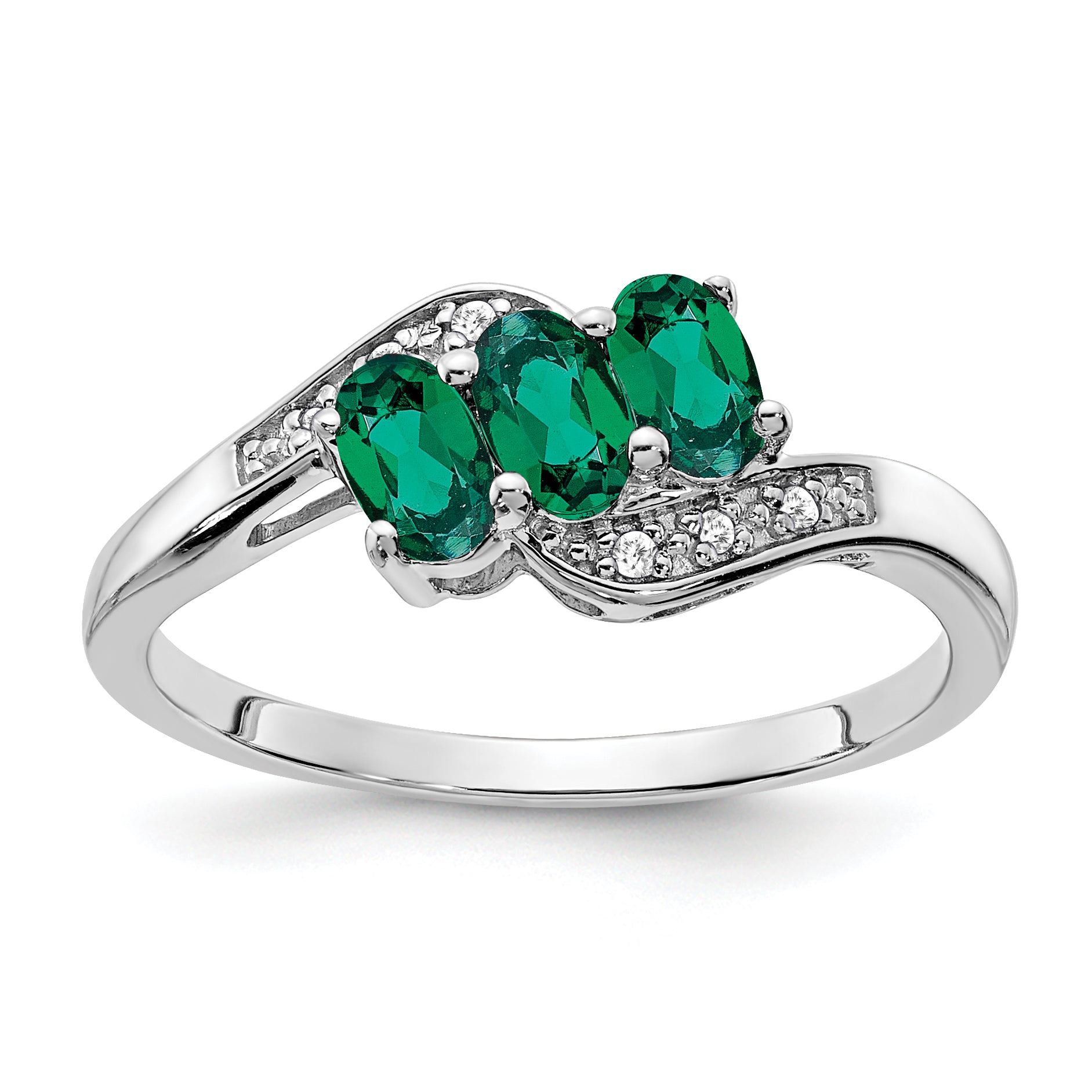 Sterling Silver Rhodium-plated Created Emerald and Diamond Ring Main image