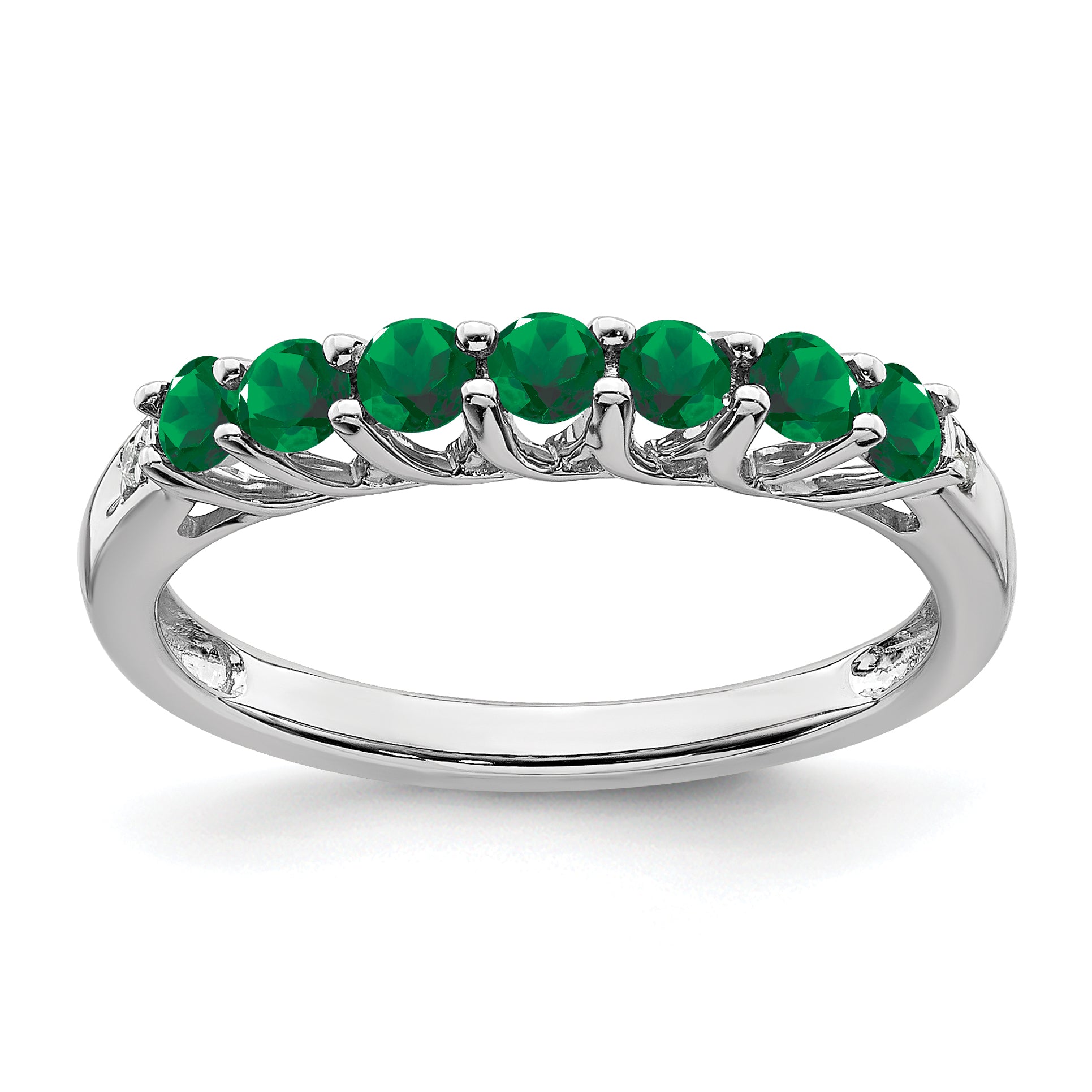 10k White Gold Created Emerald and Diamond 7-stone Ring Main image