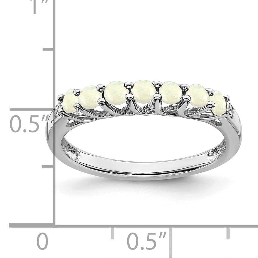 10k White Gold Created Opal and Diamond 7-stone Ring