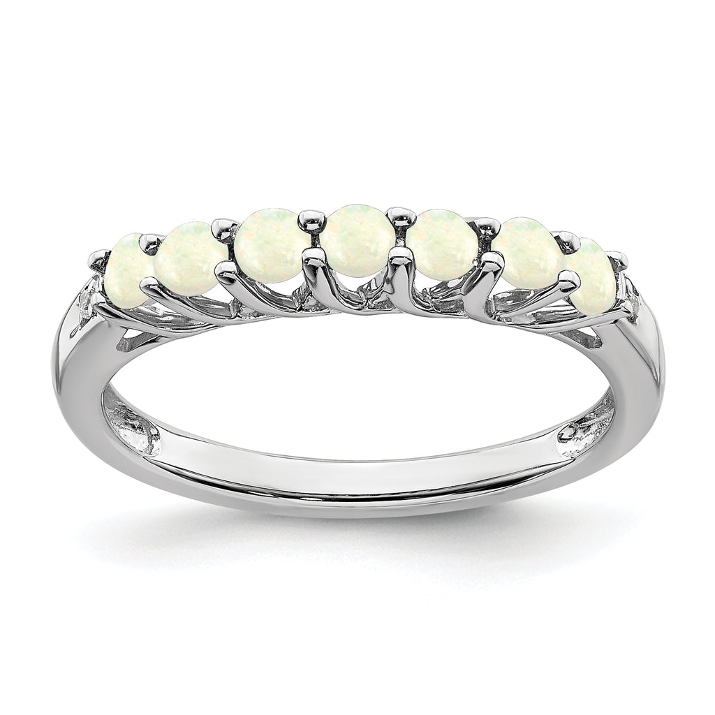 10k White Gold Created Opal and Diamond 7-stone Ring