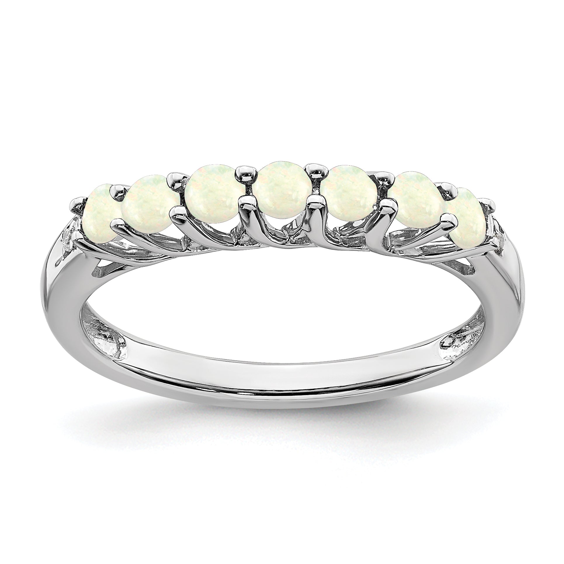 10k White Gold Created Opal and Diamond 7-stone Ring