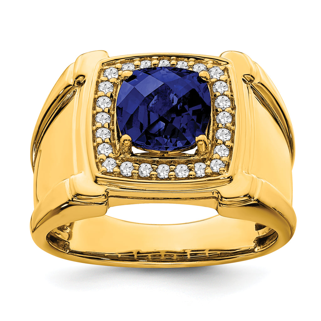 14k Created Checkerboard Sapphire and Diamond Mens Ring