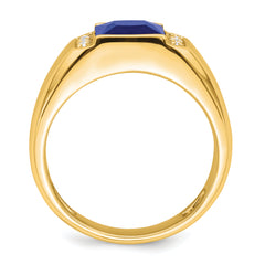 14k Square Created Sapphire and Diamond Mens Ring
