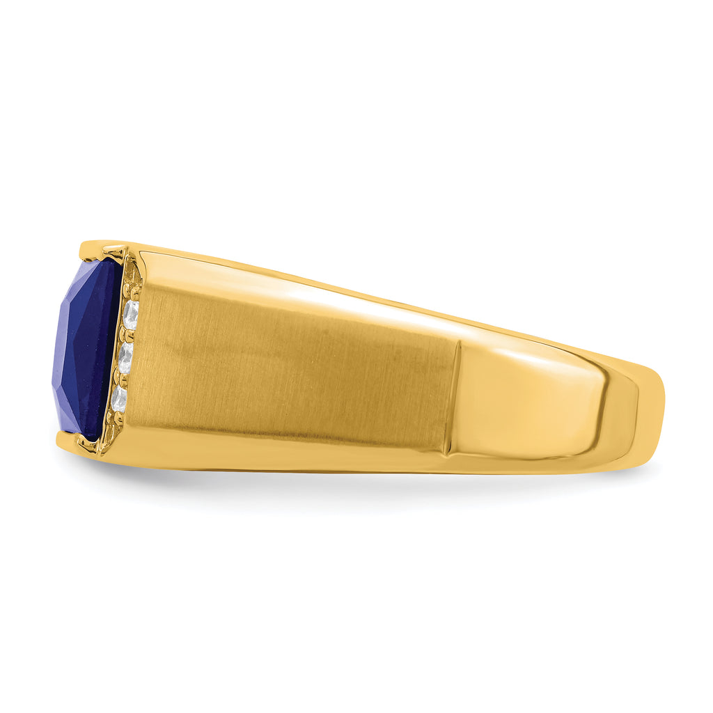 14k Square Created Sapphire and Diamond Mens Ring