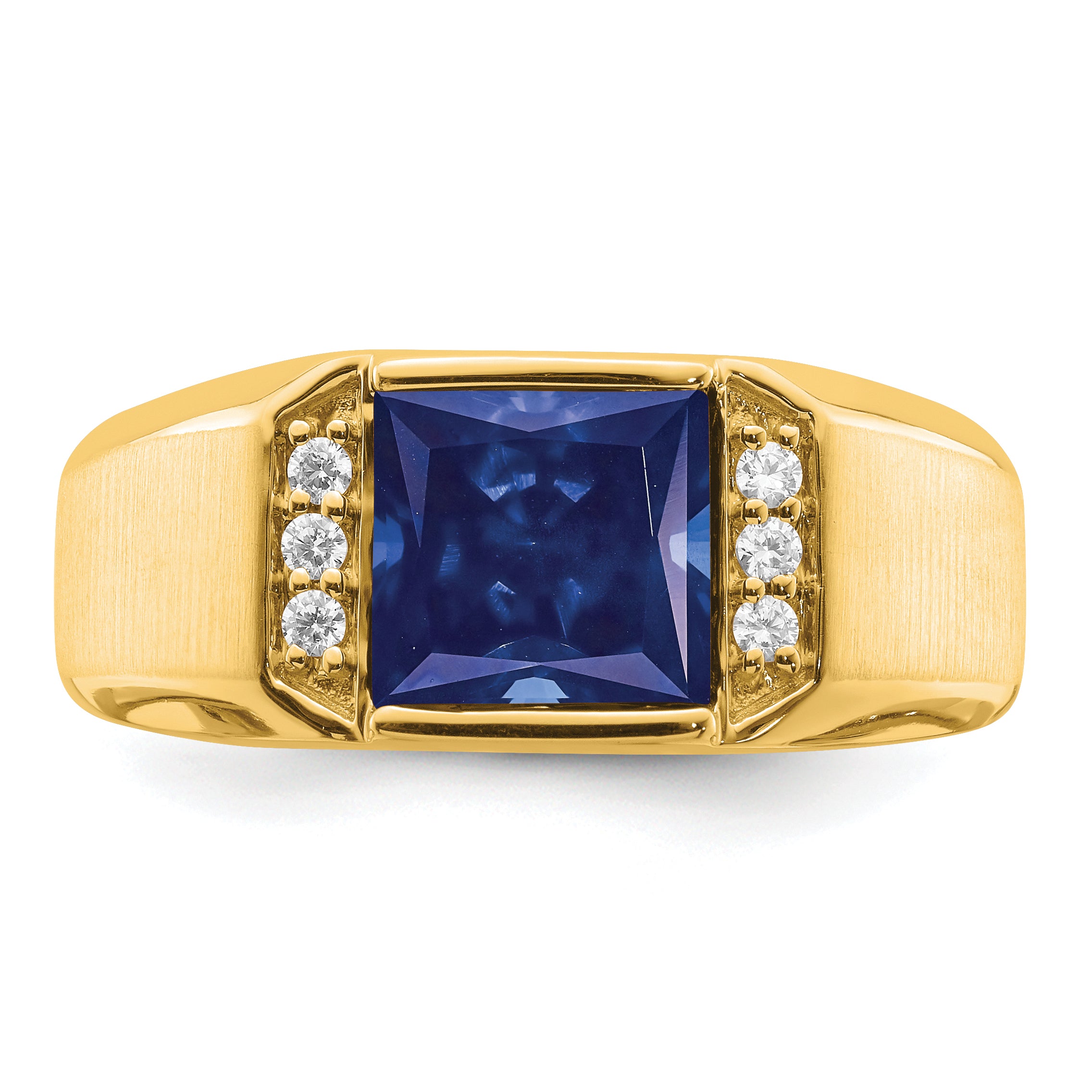 14k Square Created Sapphire and Diamond Mens Ring