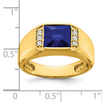 14k Square Created Sapphire and Diamond Mens Ring