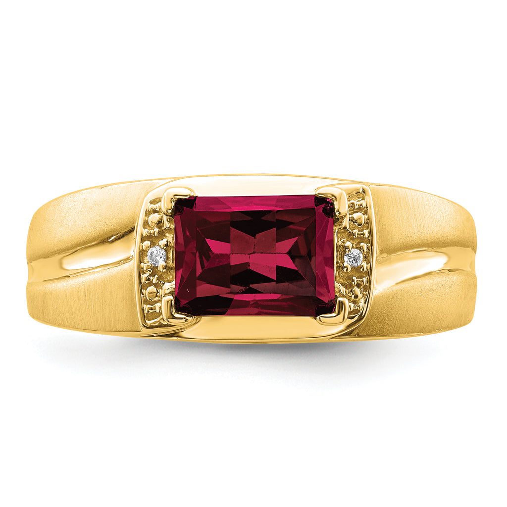 14k Emerald-cut Created Ruby and Diamond Mens Ring