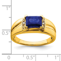 14k Emerald-cut Created Sapphire and Diamond Mens Ring
