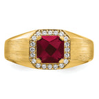 14k Cushion Created Ruby and Diamond Mens Ring