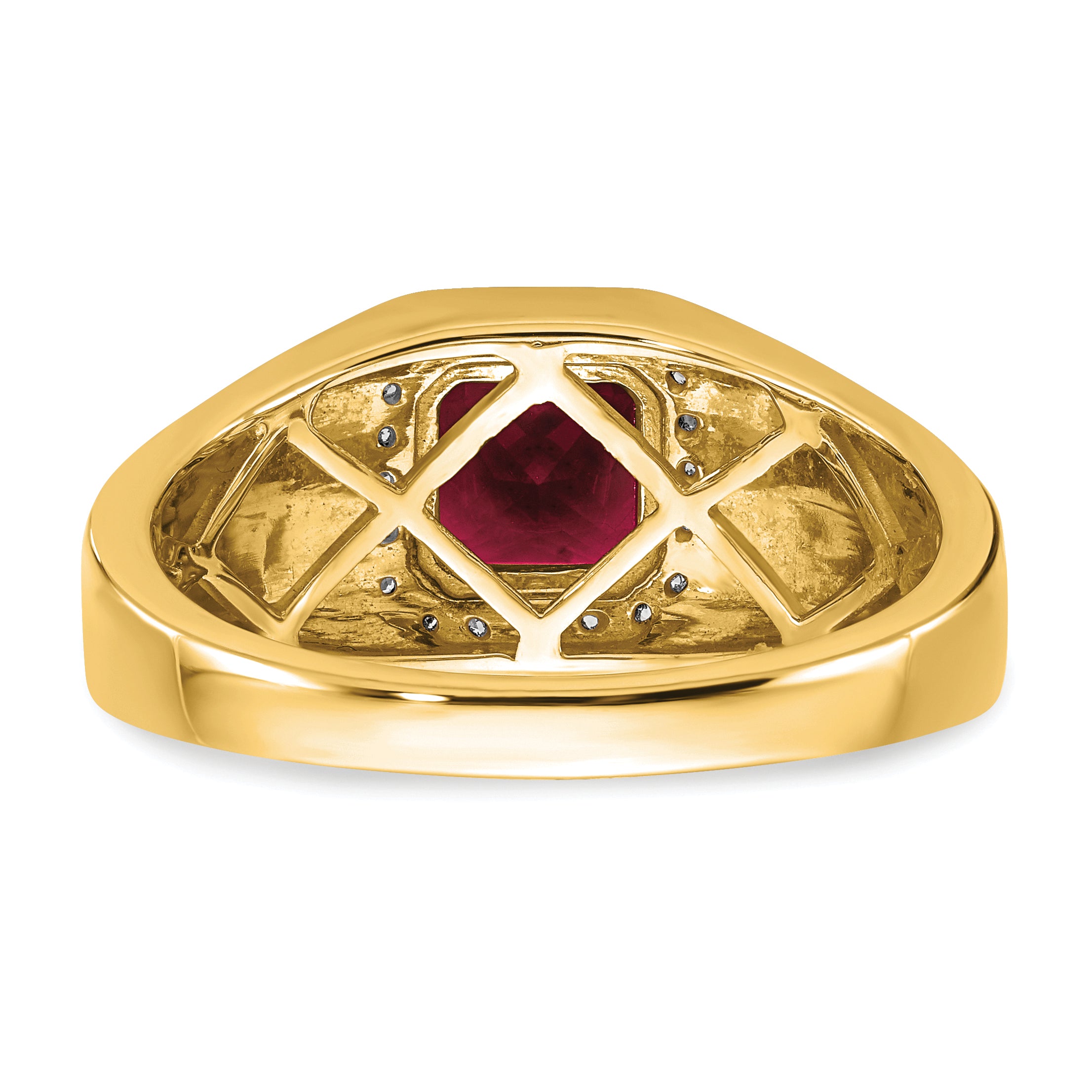 14k Cushion Created Ruby and Diamond Mens Ring