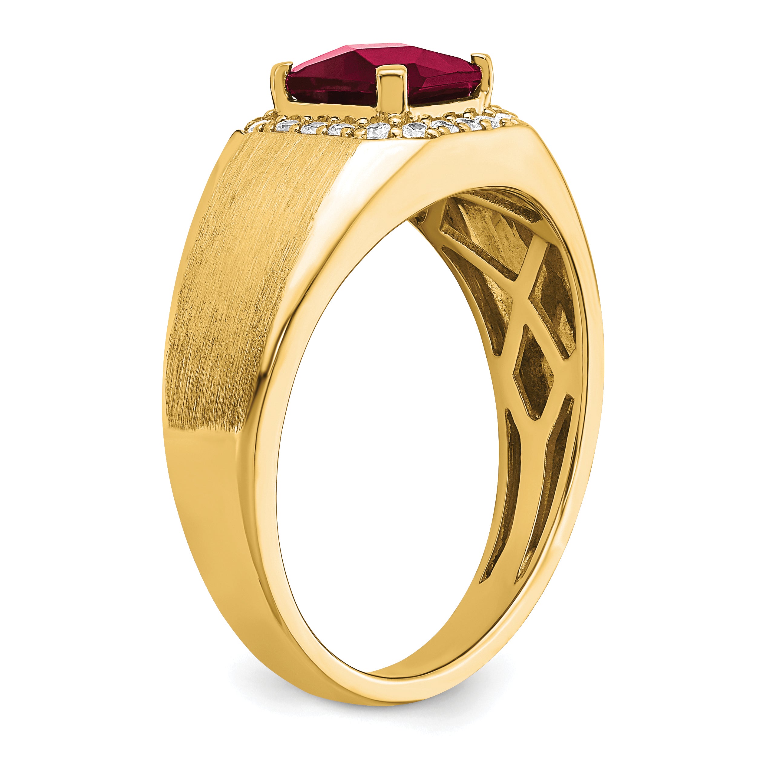 14k Cushion Created Ruby and Diamond Mens Ring