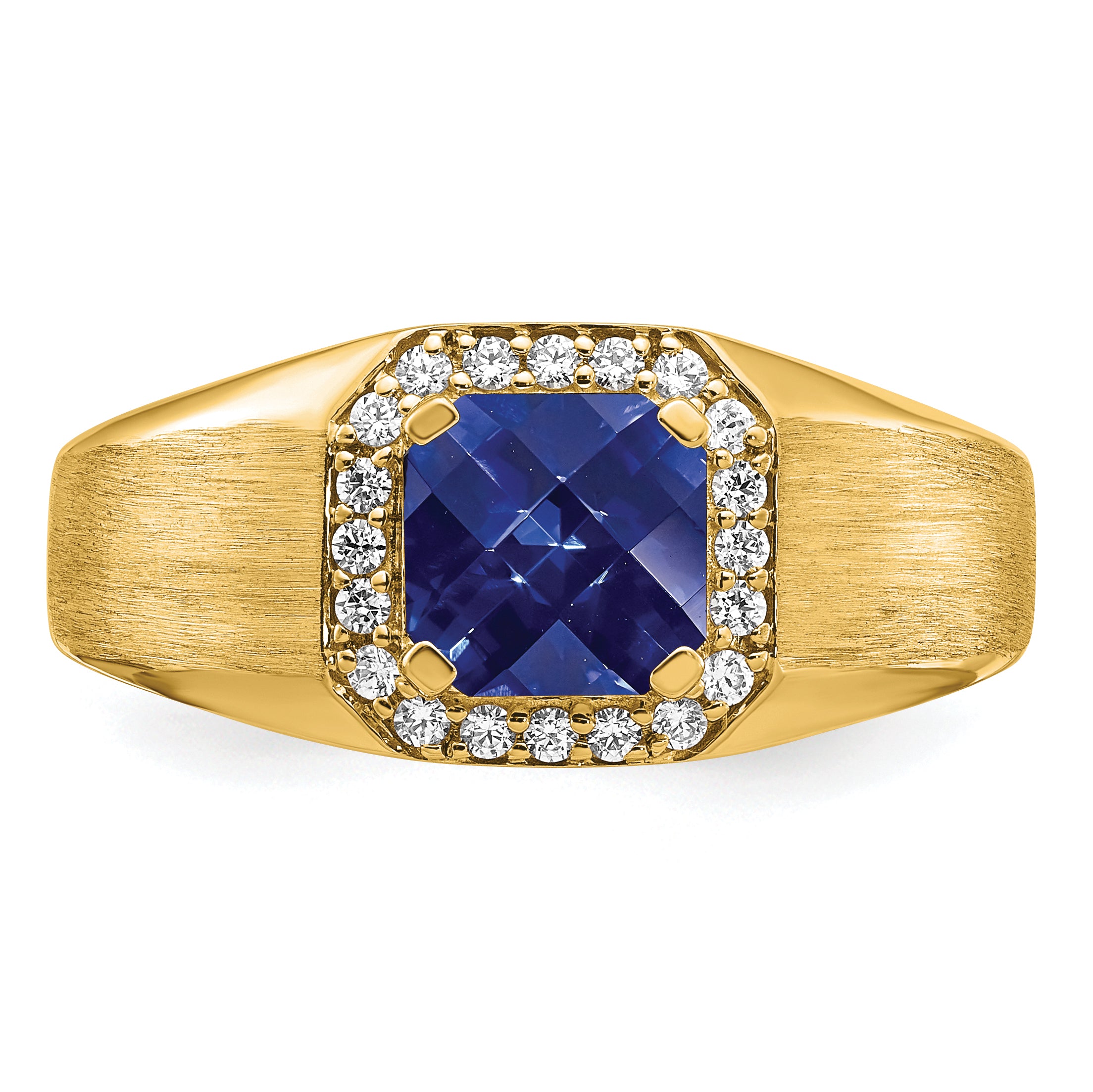 14k Cushion Created Sapphire and Diamond Mens Ring