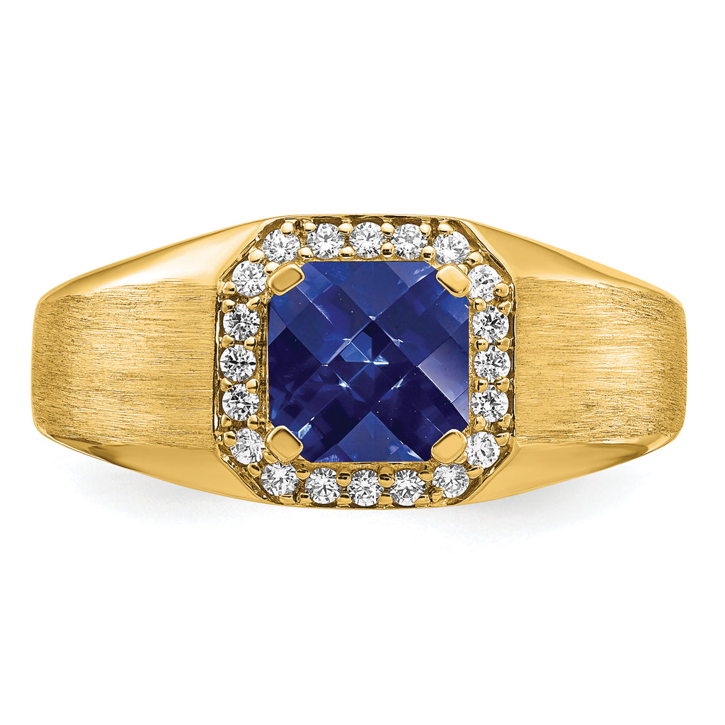 14k Cushion Created Sapphire and Diamond Mens Ring