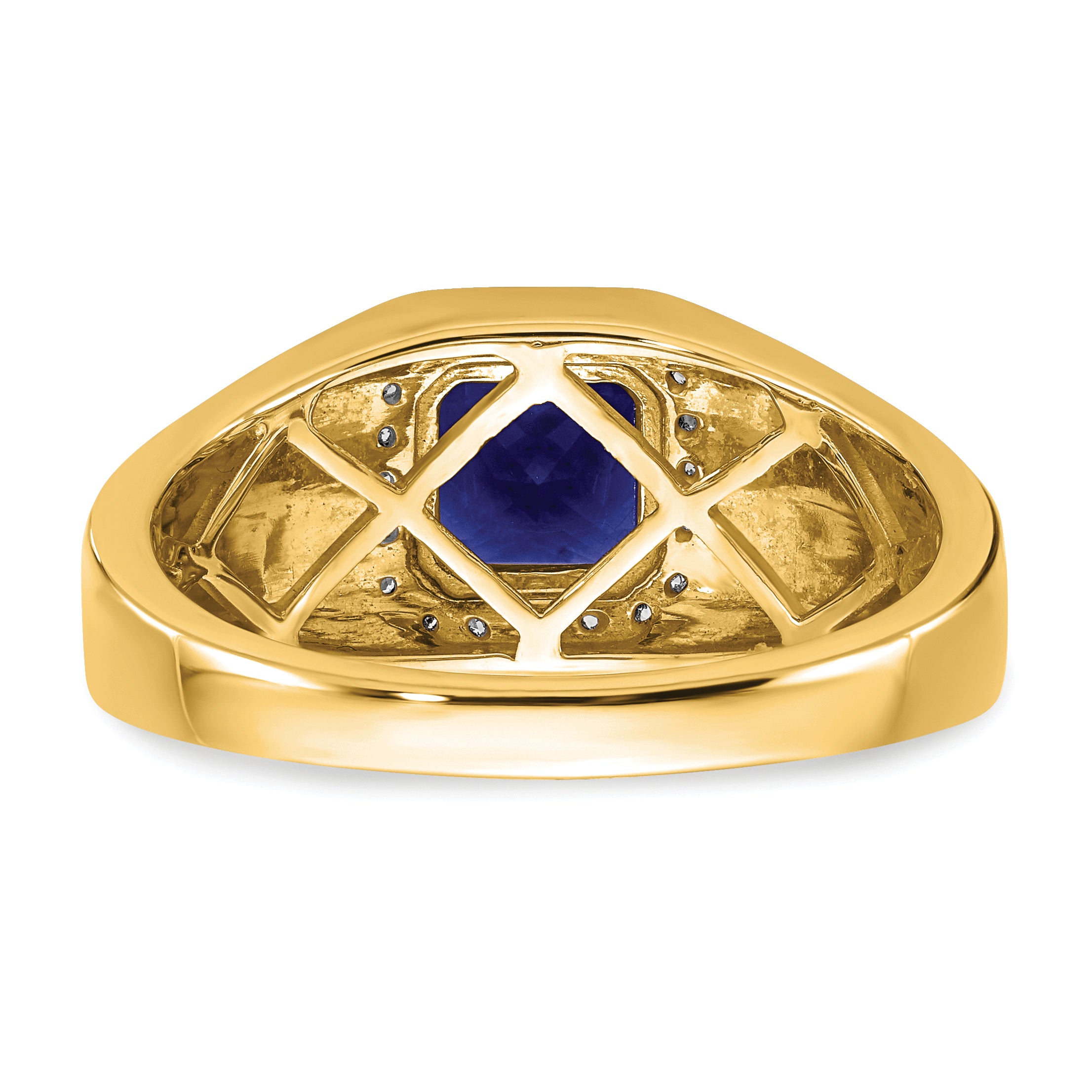 14k Cushion Created Sapphire and Diamond Mens Ring