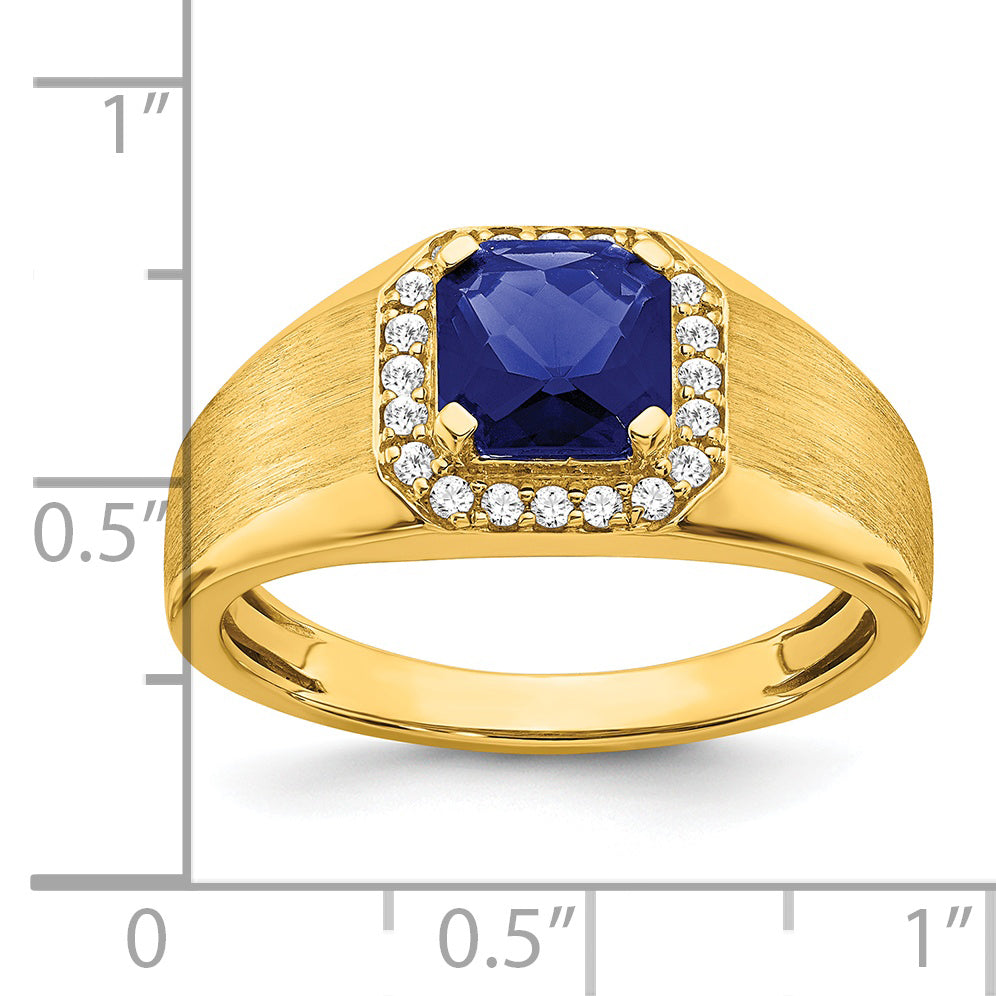 14k Cushion Created Sapphire and Diamond Mens Ring