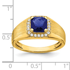 14k Cushion Created Sapphire and Diamond Mens Ring