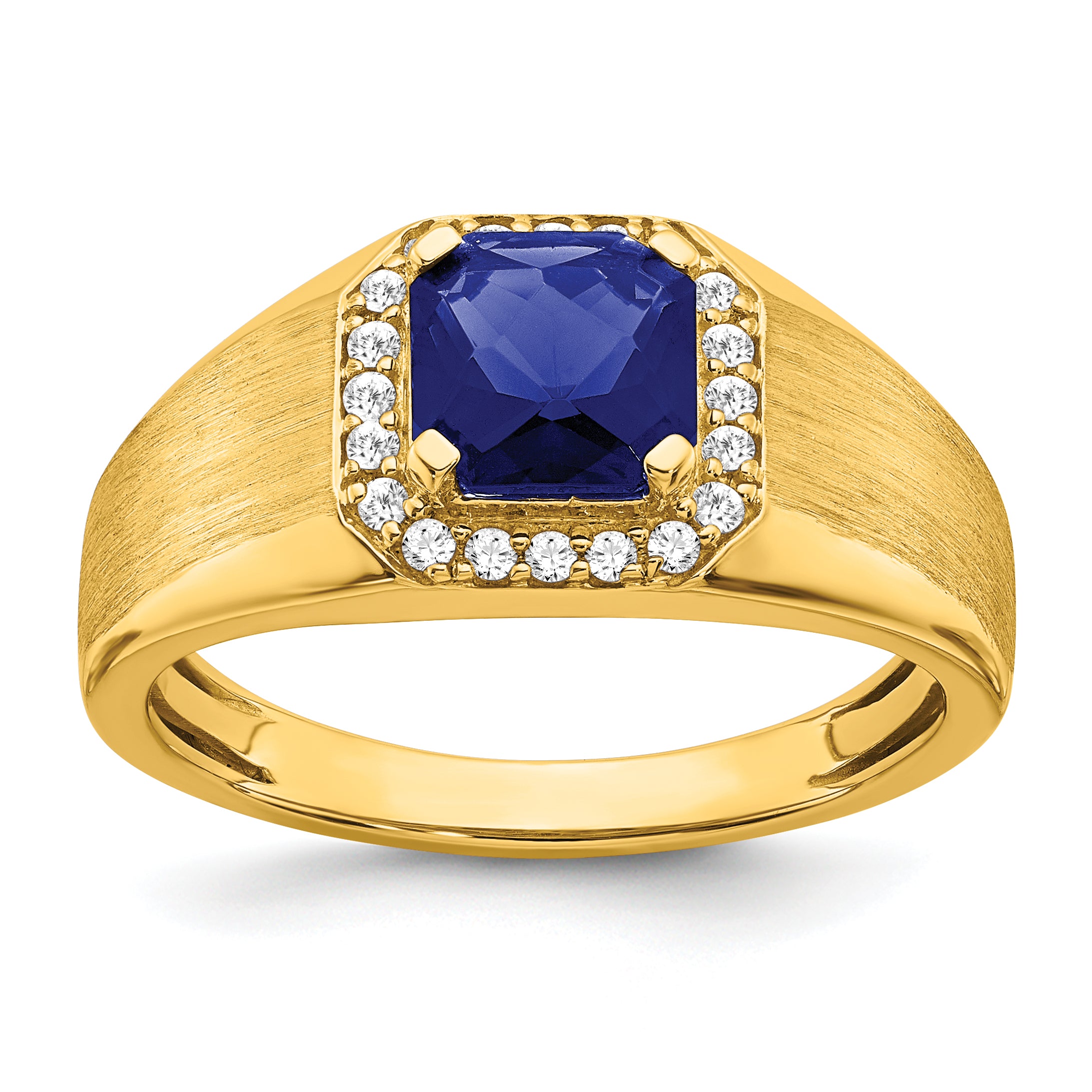 14k Cushion Created Sapphire and Diamond Mens Ring Main image