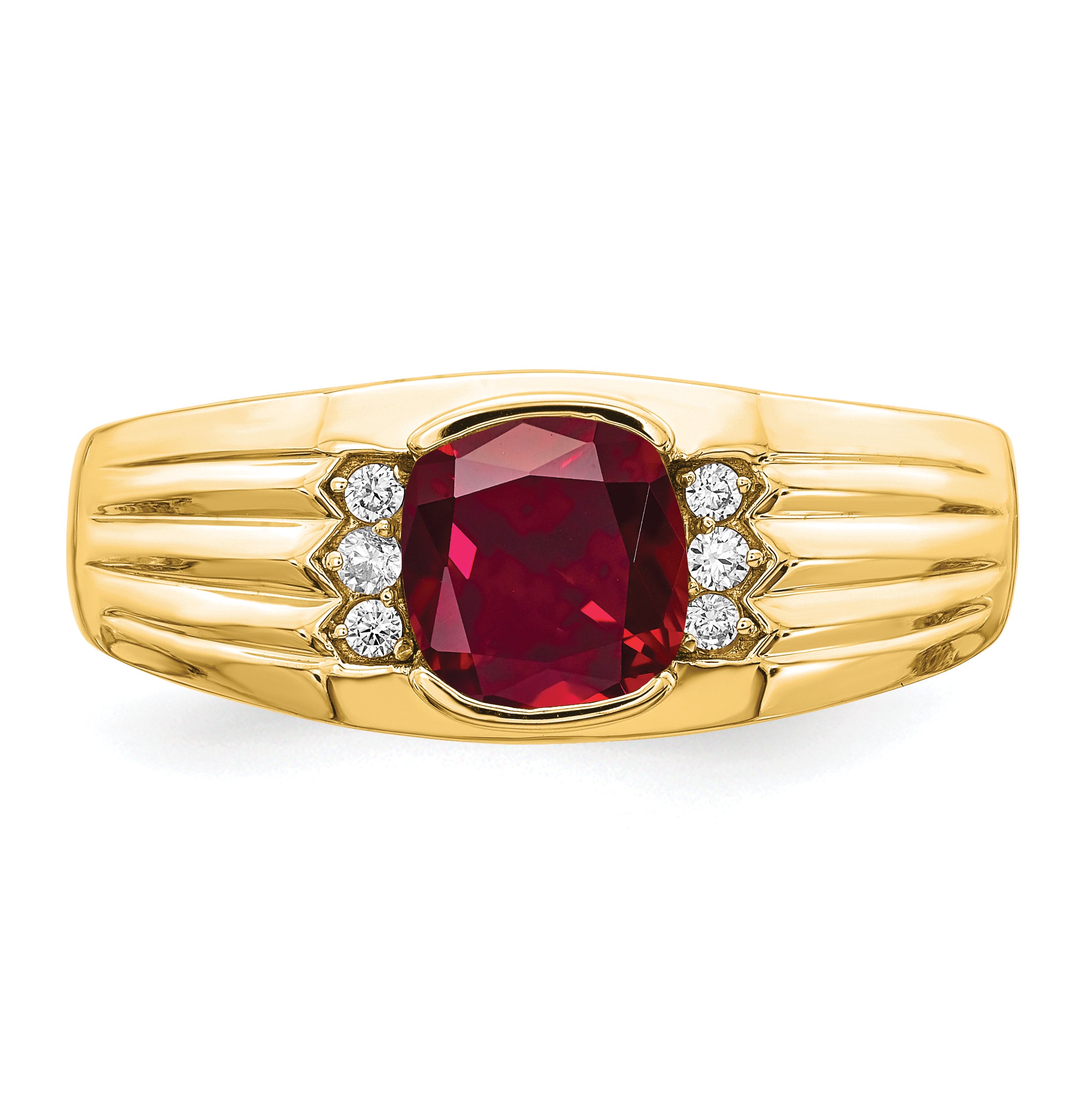 14k Cushion Created Ruby and Diamond Mens Ring
