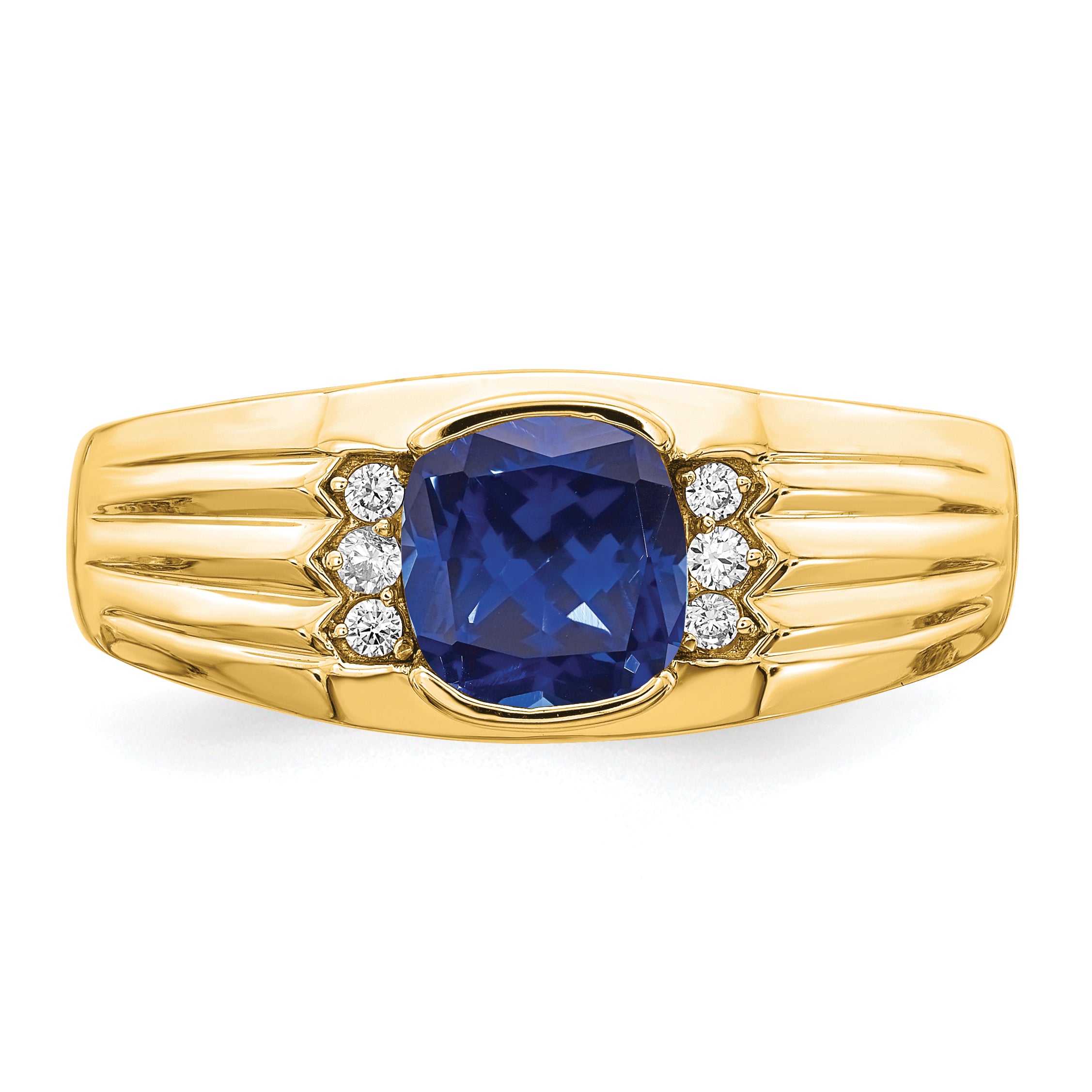 14k Cushion Created Sapphire and Diamond Mens Ring