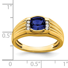 14k Cushion Created Sapphire and Diamond Mens Ring