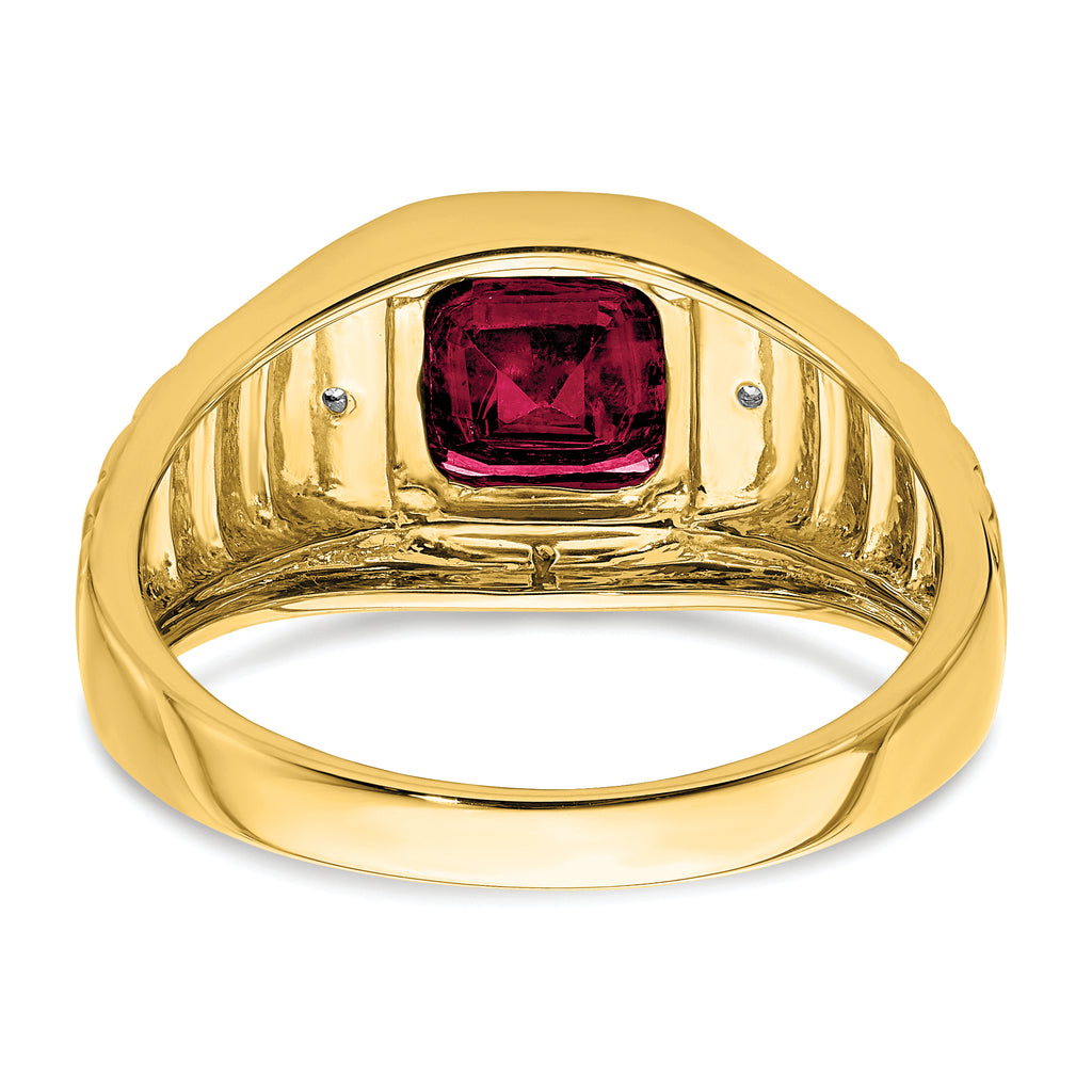 14k Cushion Created Ruby and Diamond Mens Ring