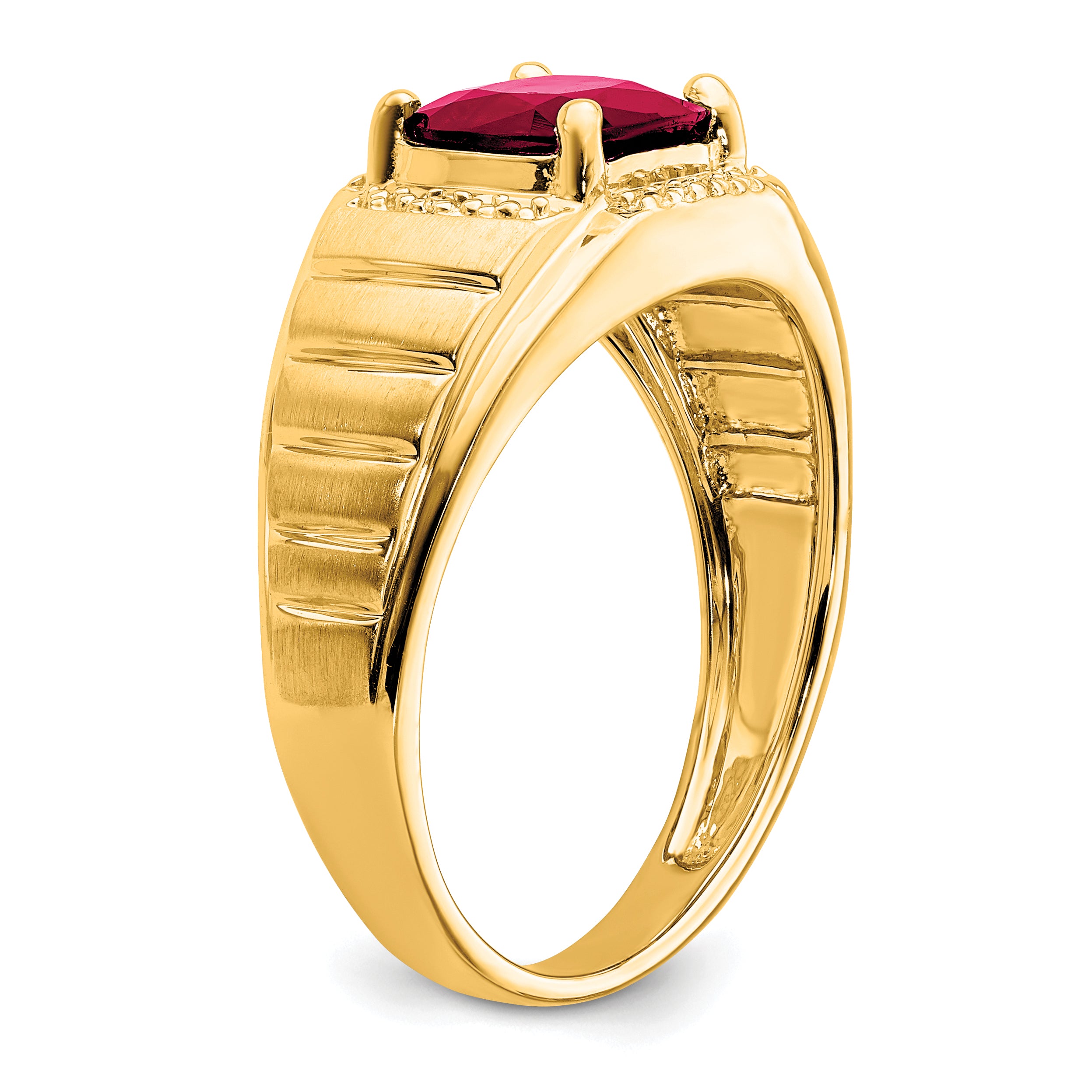 14k Cushion Created Ruby and Diamond Mens Ring