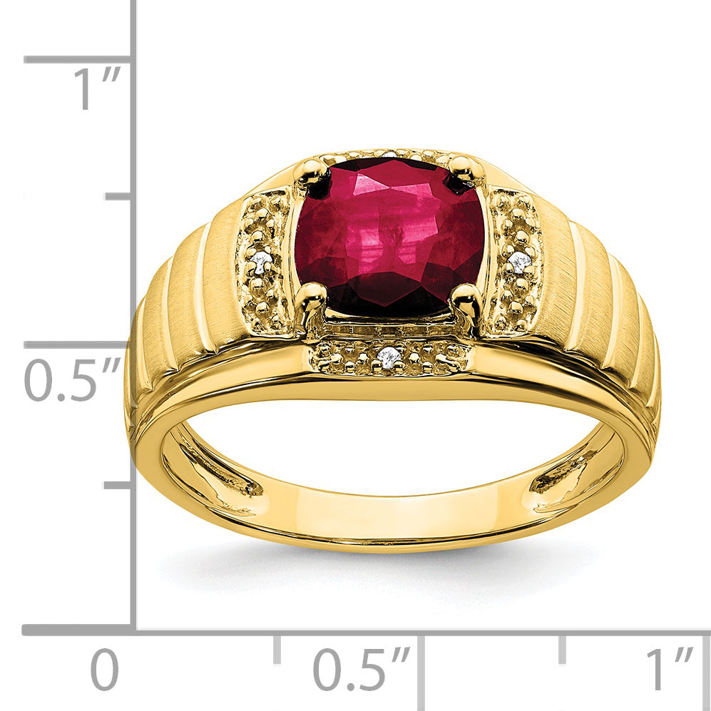 14k Cushion Created Ruby and Diamond Mens Ring