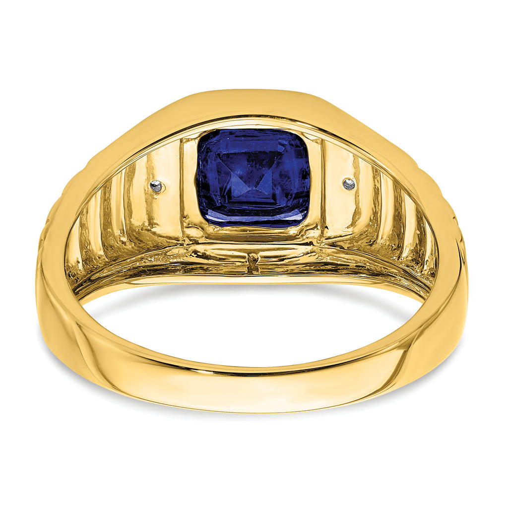 14k Cushion Created Sapphire and Diamond Mens Ring