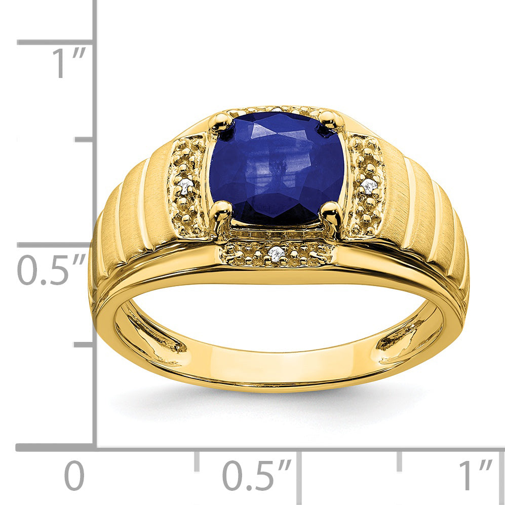 14k Cushion Created Sapphire and Diamond Mens Ring