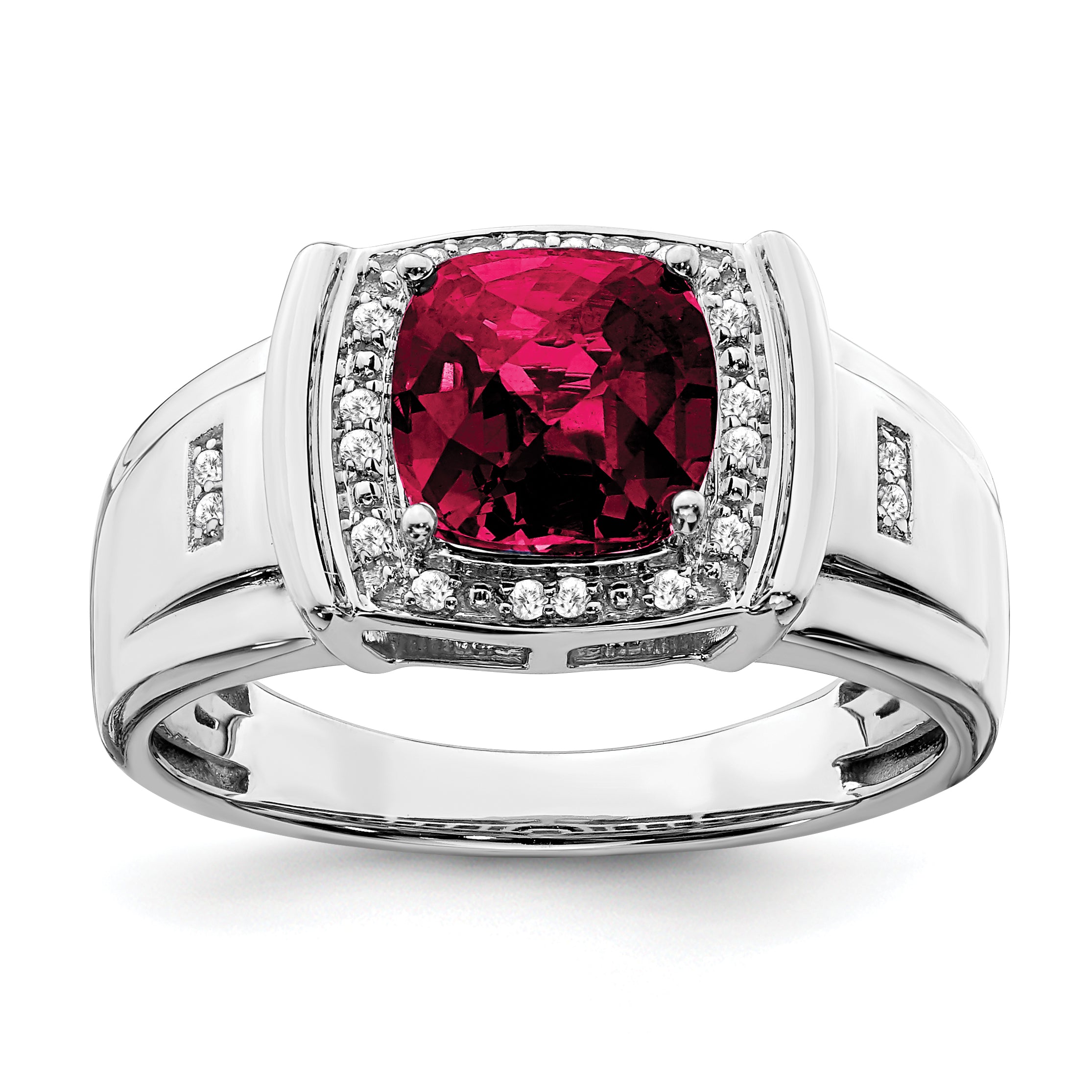 14k White Gold Cushion Created Ruby and Diamond Mens Ring Main image