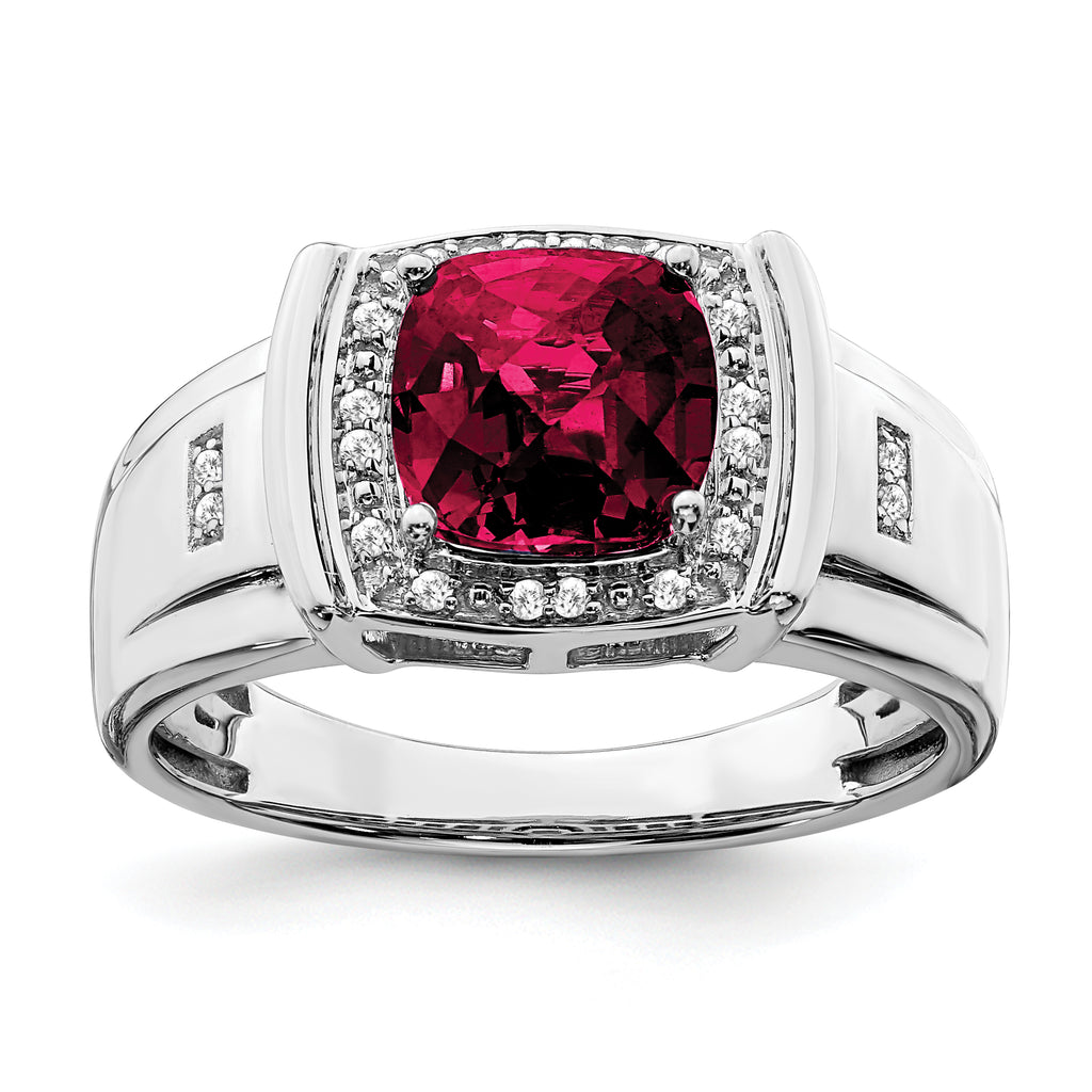 14k White Gold Cushion Created Ruby and Diamond Mens Ring
