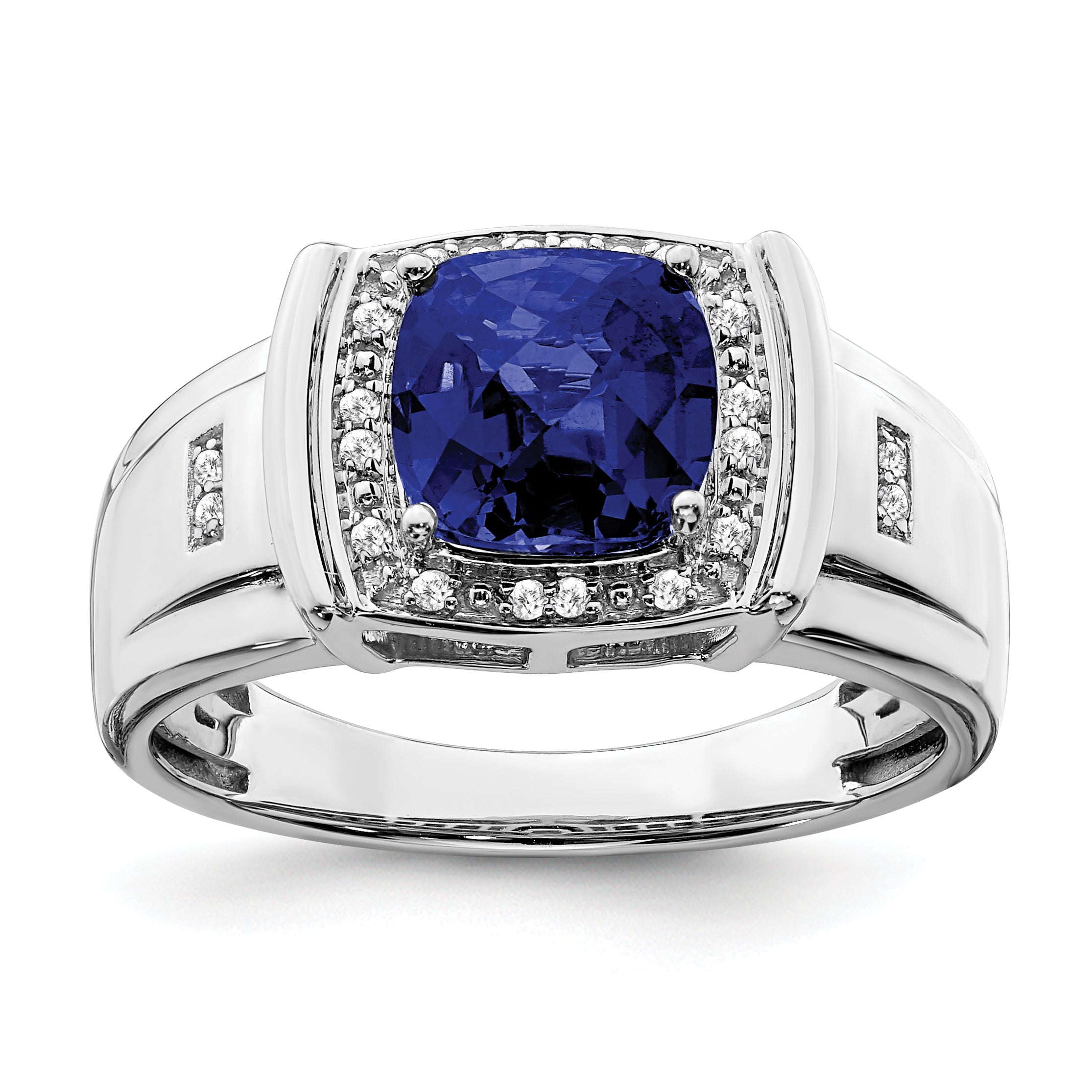 14k White Gold Cushion Created Sapphire and Diamond Mens Ring Main image