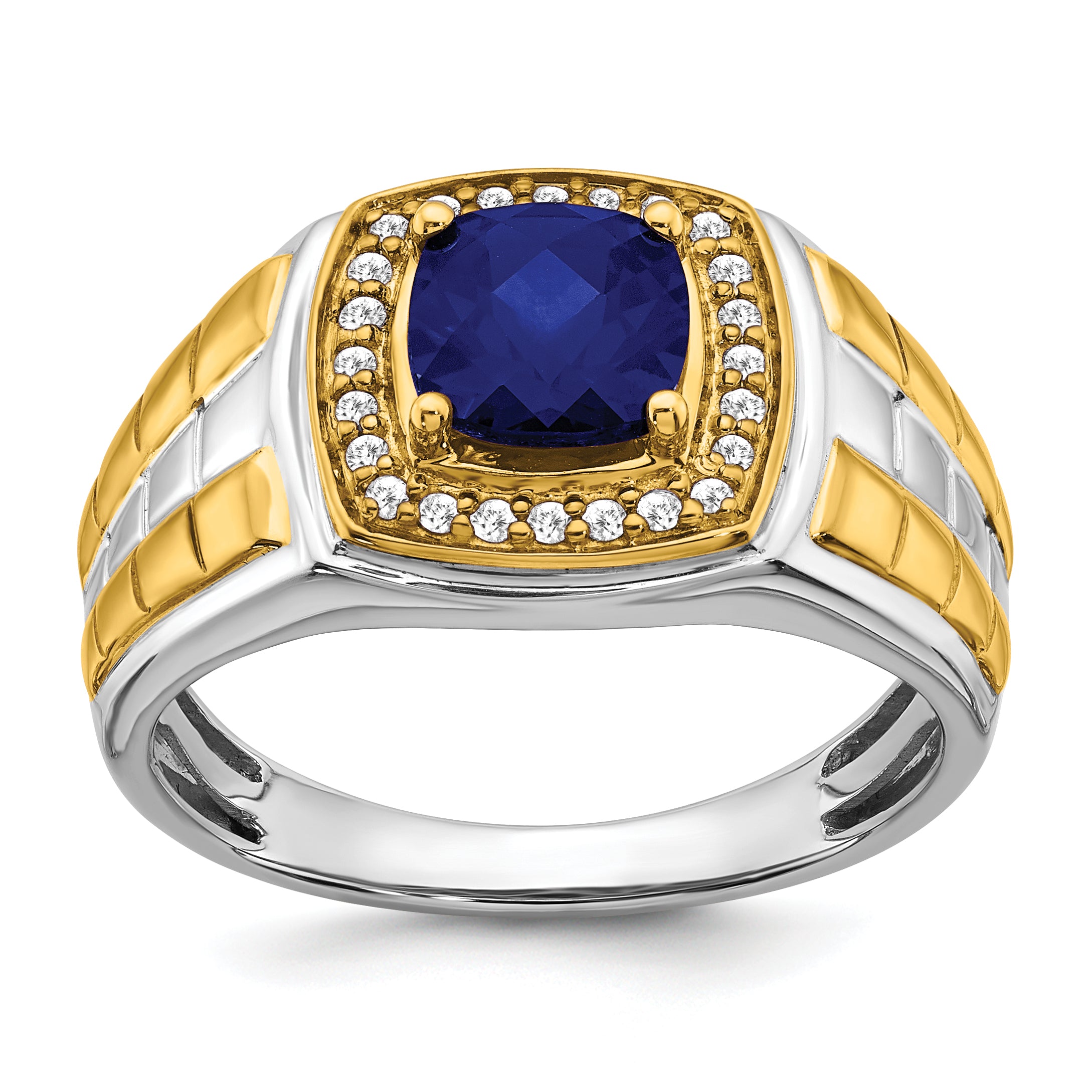 14k Two-tone Created Sapphire and Diamond Mens Ring Main image
