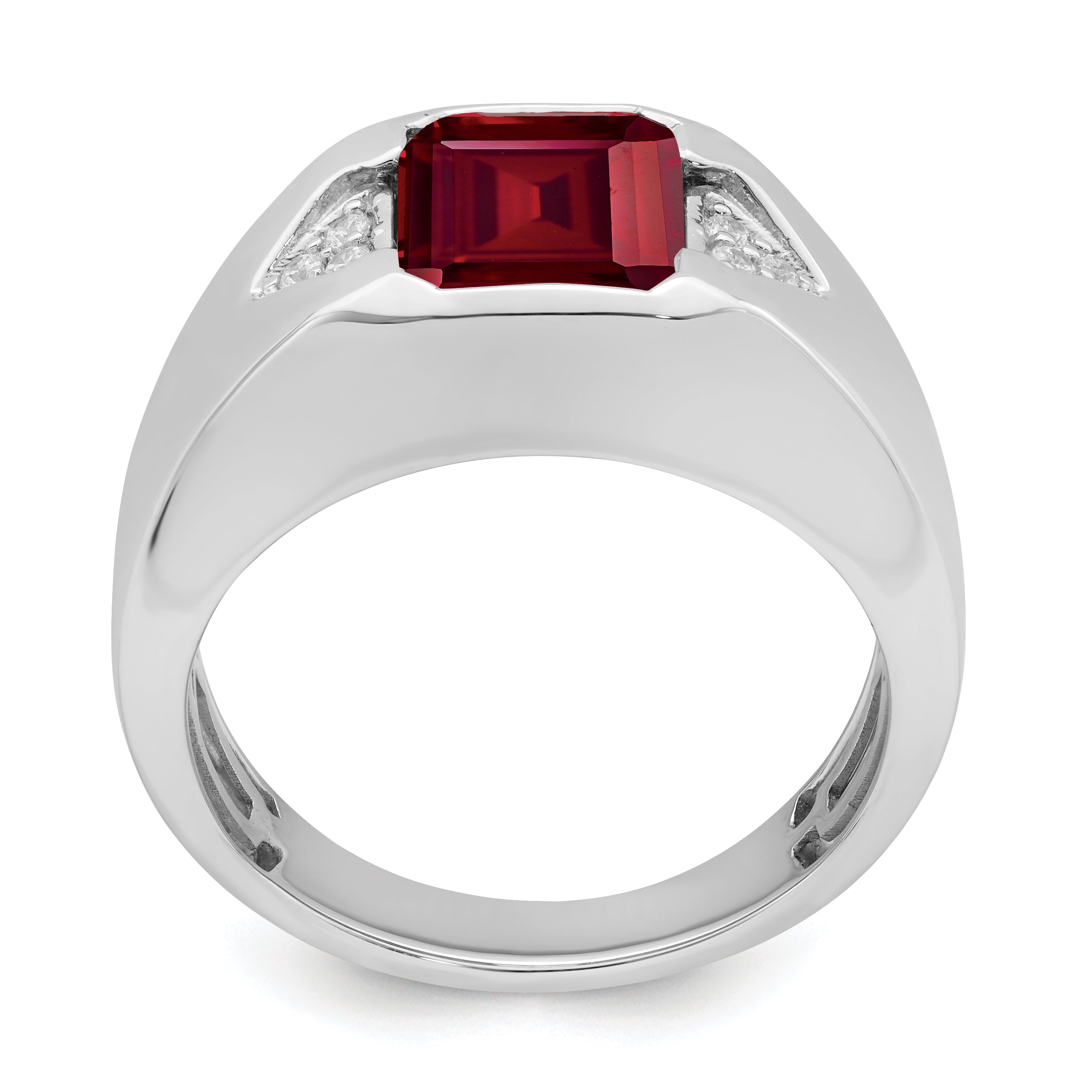 14k White Gold Emerald-cut Created Ruby and Diamond Mens Ring Secondary image