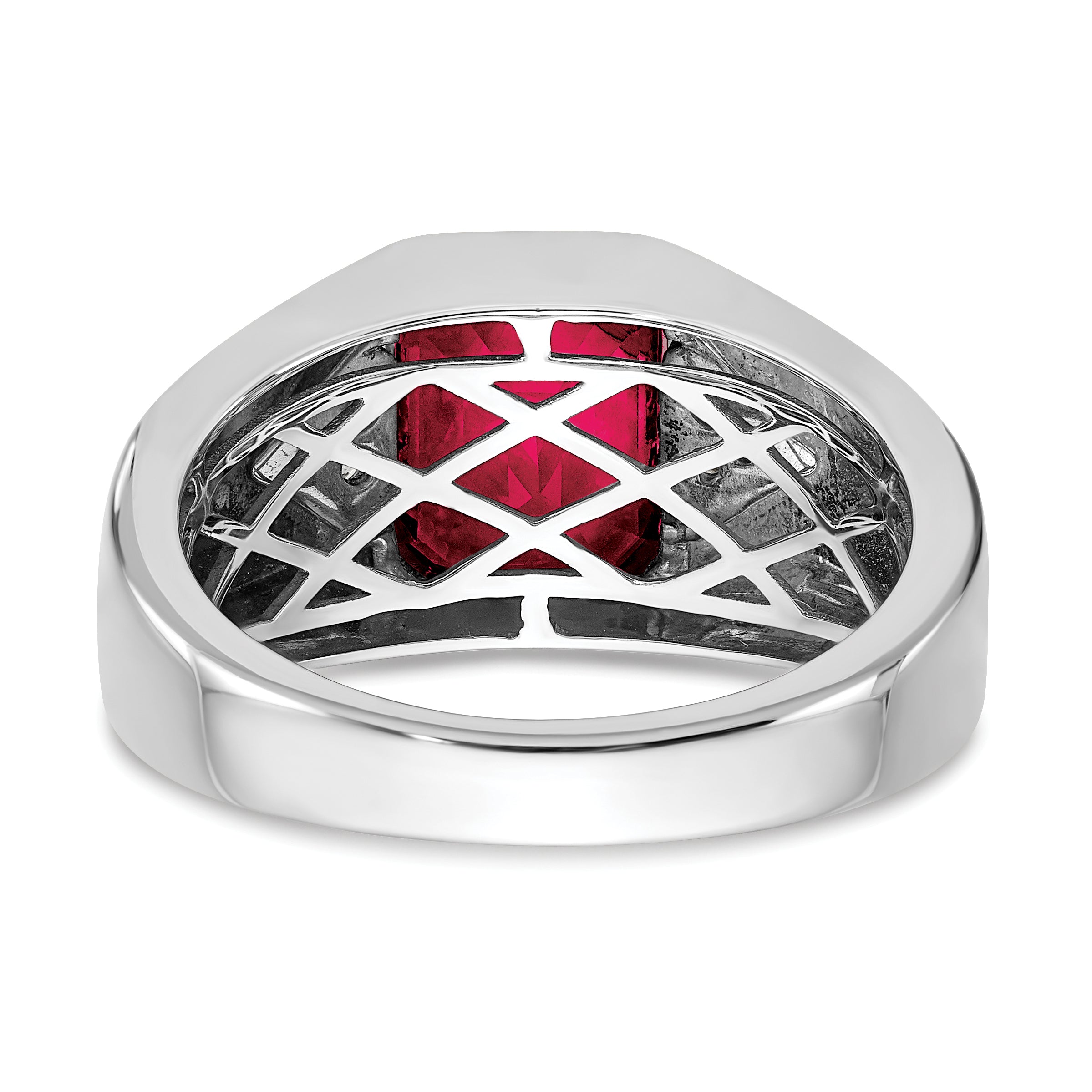 14k White Gold Emerald-cut Created Ruby and Diamond Mens Ring