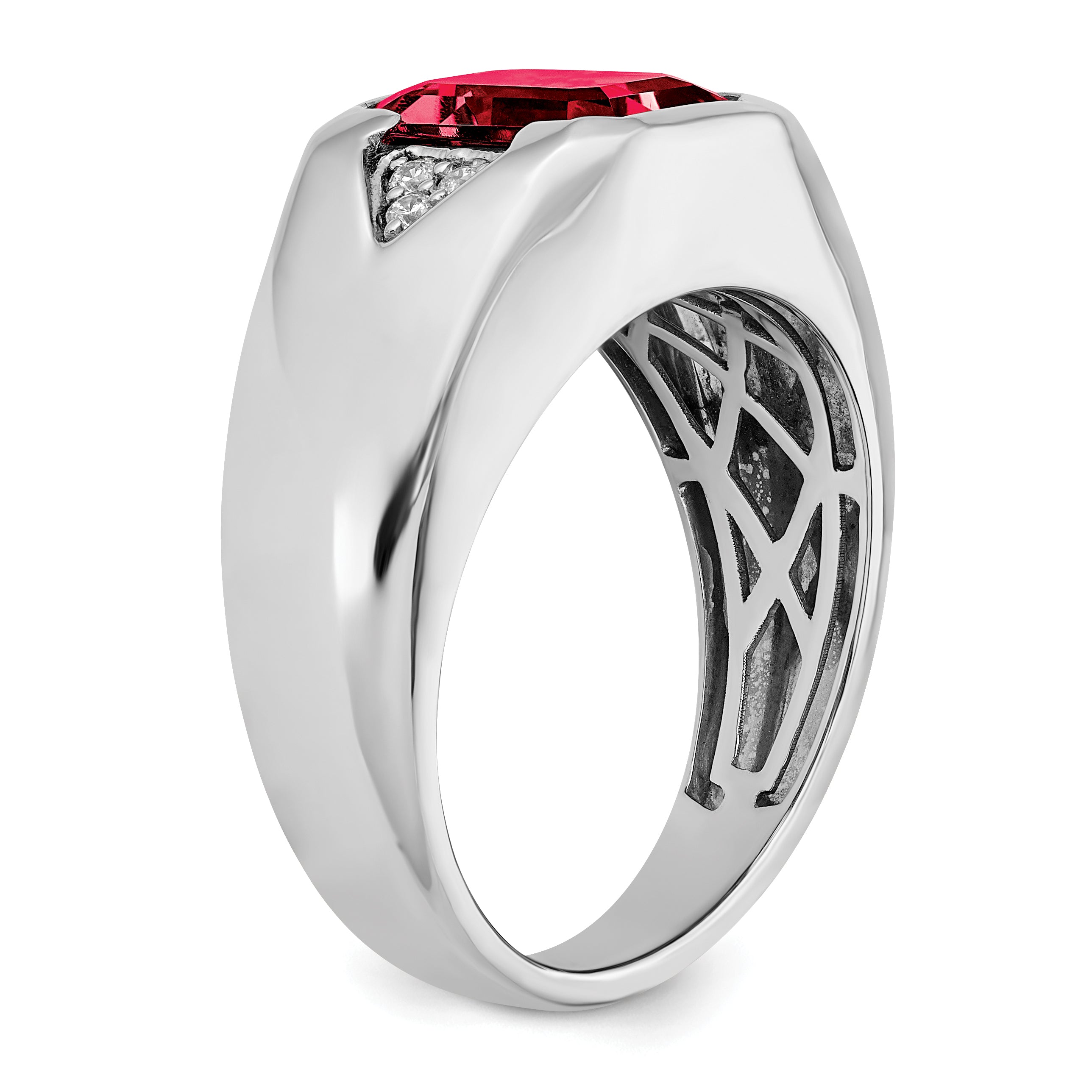14k White Gold Emerald-cut Created Ruby and Diamond Mens Ring