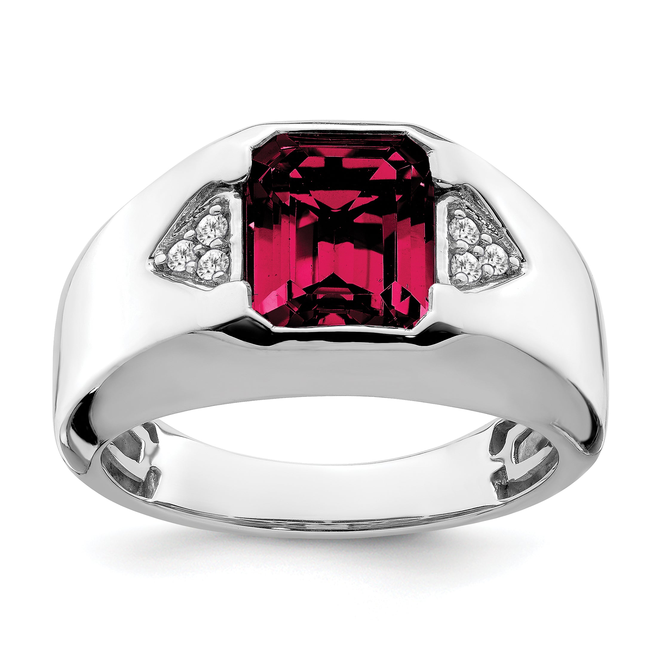 14k White Gold Emerald-cut Created Ruby and Diamond Mens Ring Main image