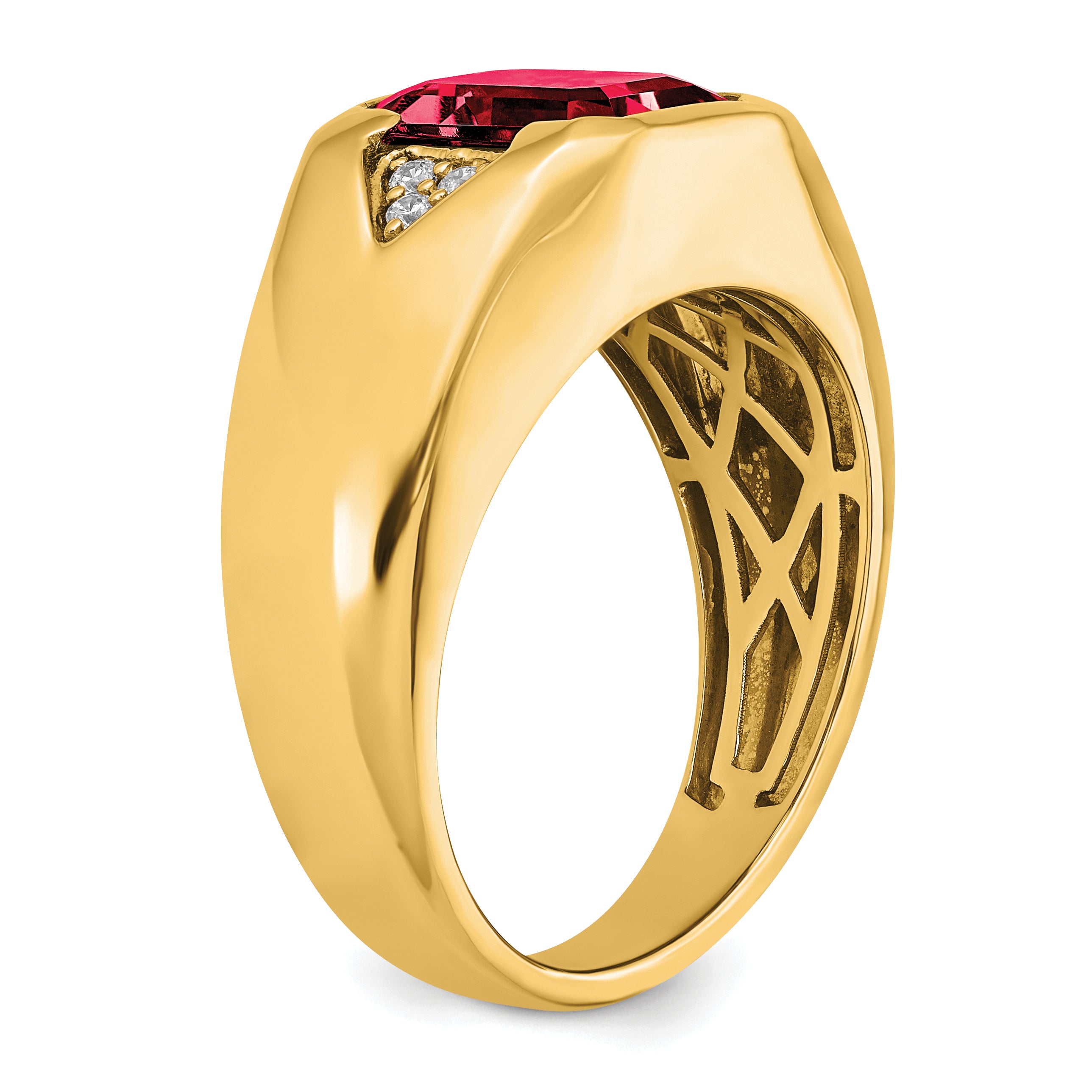 14k Emerald-cut Created Ruby and Diamond Mens Ring