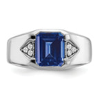 14k White Gold Emerald-cut Created Sapphire and Diamond Mens Ring