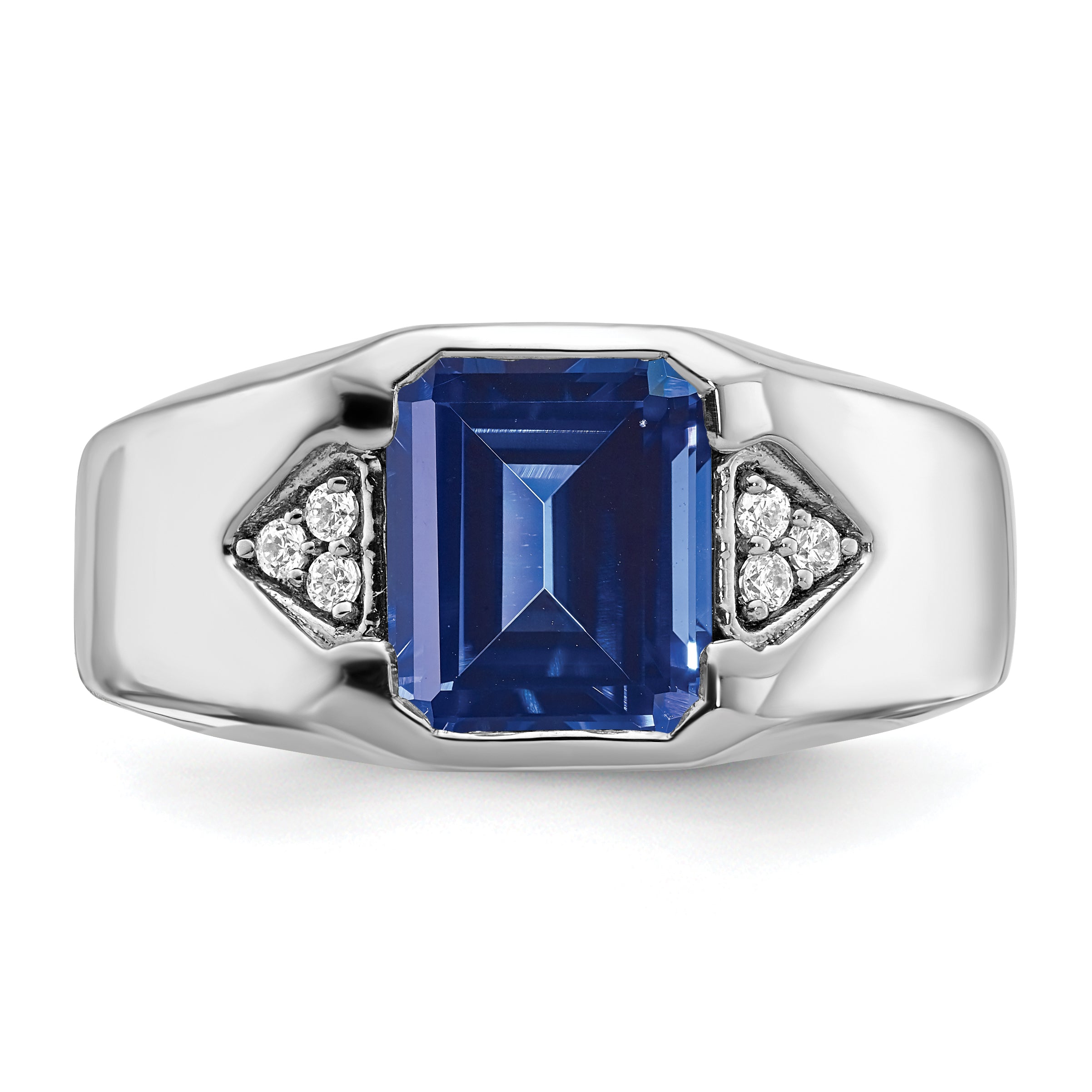 14k White Gold Emerald-cut Created Sapphire and Diamond Mens Ring