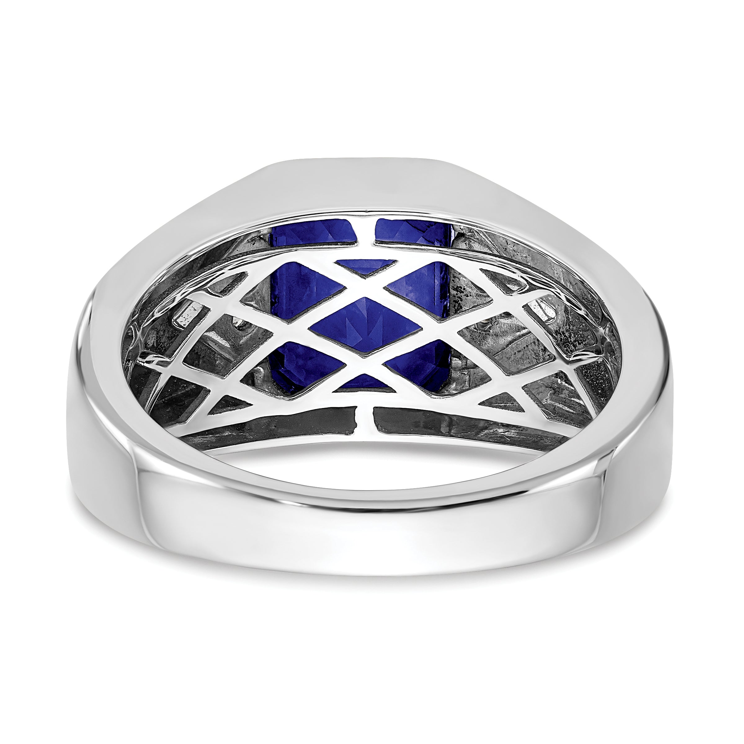 14k White Gold Emerald-cut Created Sapphire and Diamond Mens Ring
