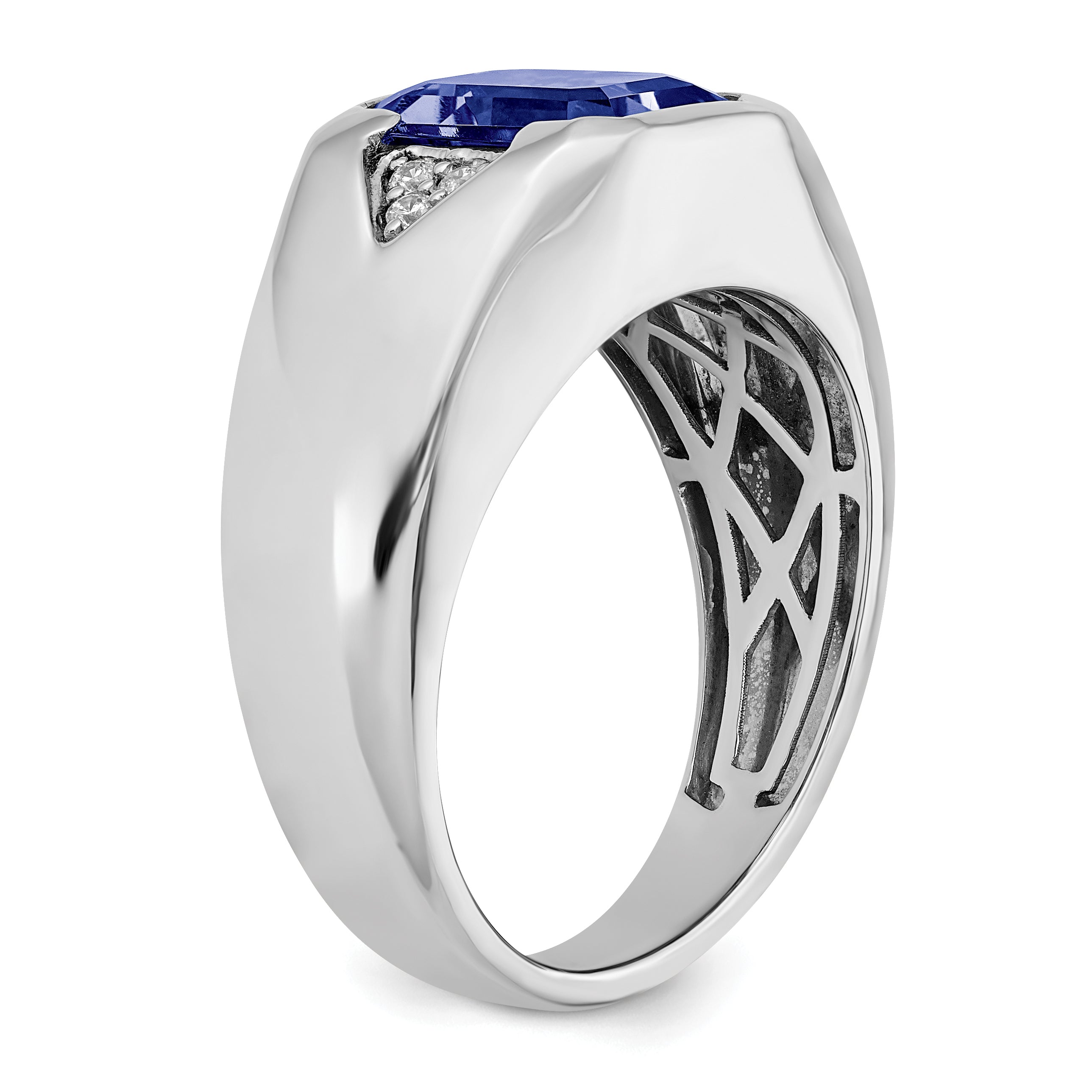 14k White Gold Emerald-cut Created Sapphire and Diamond Mens Ring